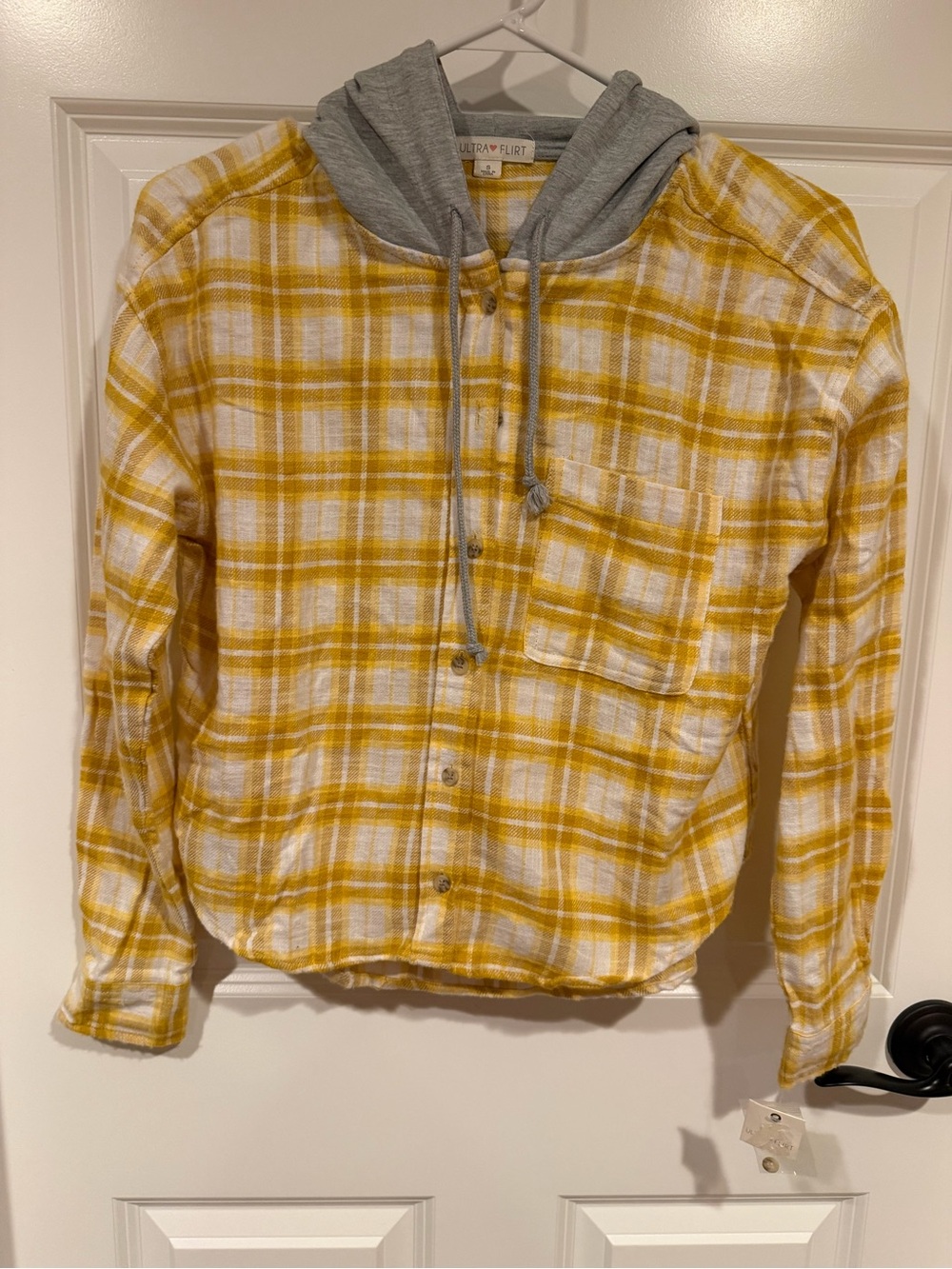 Ultra Flirt Women’s Size S Yellow/White/Gray Plaid Flannel Hooded Shirt Jacket